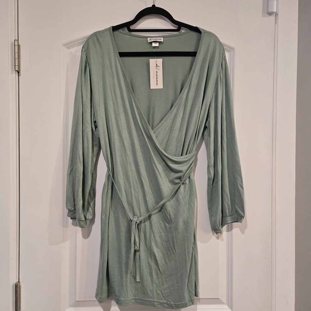 oh! mamma Sage Green Long Sleeve Faux Wrap Mini Dress - Size Large.